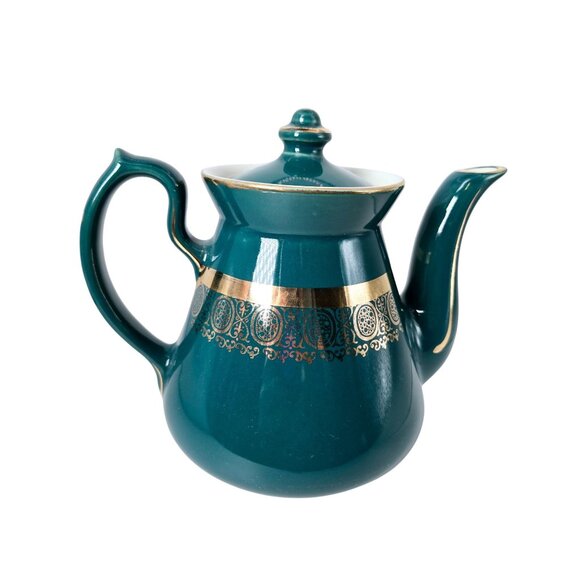 Vintage Hall Philadelphia Teapot Teal Green Ornate Gold Trim Design 6 Cup - Picture 2 of 5